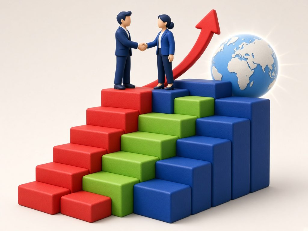 Illustration of partners shaking hands at the top of a rising staircase of growth