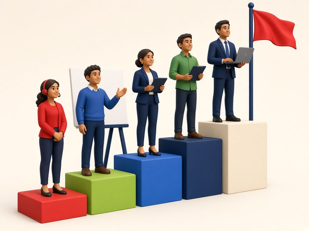 Illustration of team members in different roles climbing steps towards a flag