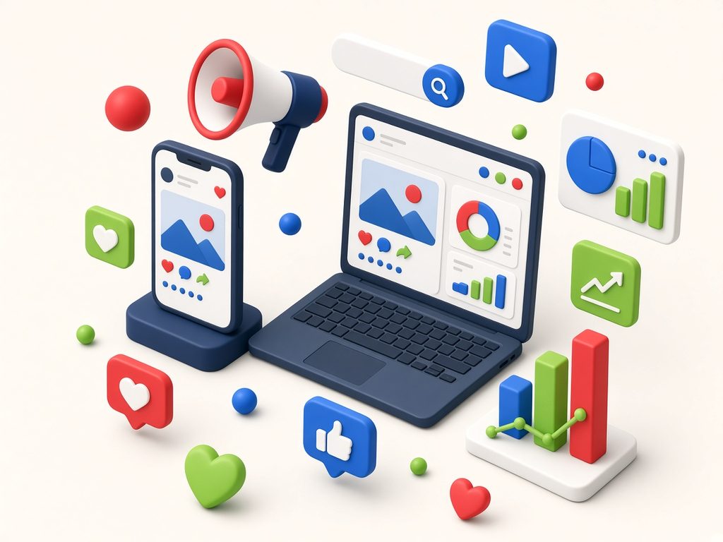 Illustration of social media, search and analytics on a laptop and phone
