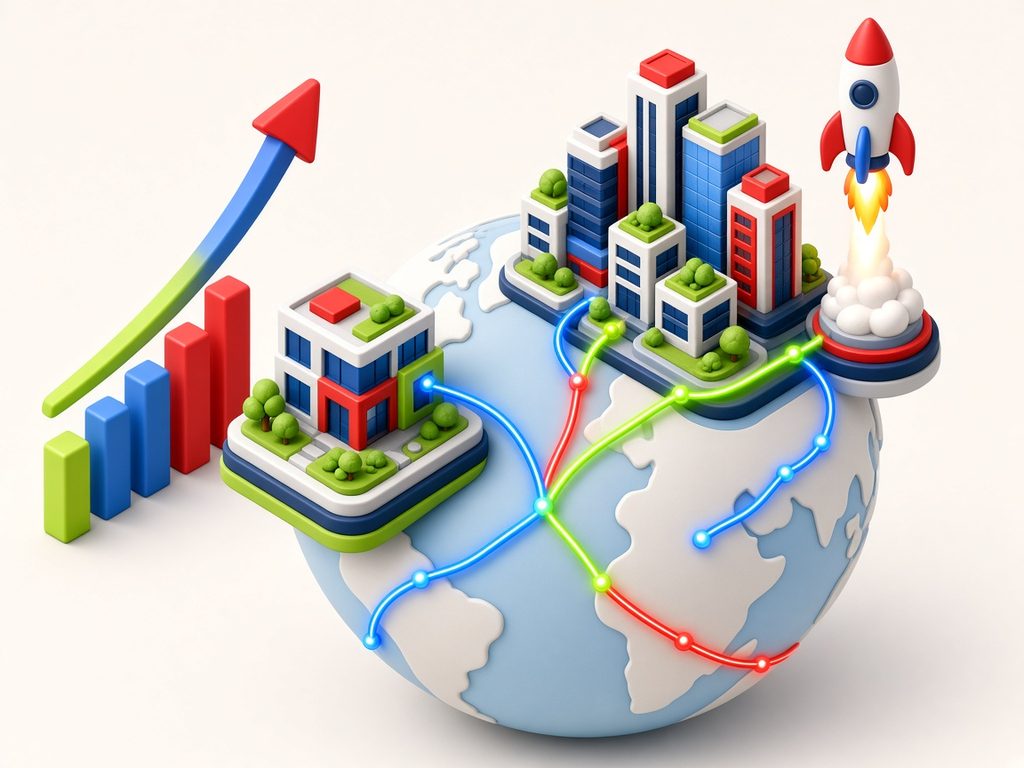 Illustration of a business growing into new cities across a globe with a rocket launching