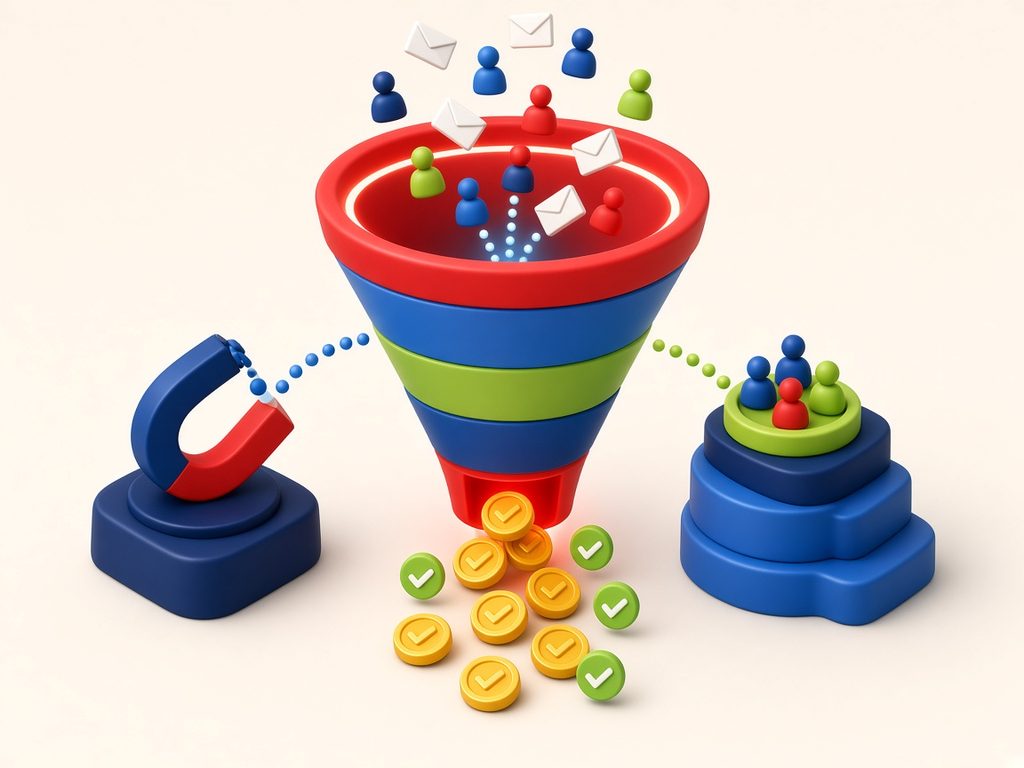 Illustration of a sales funnel turning prospects into paying customers