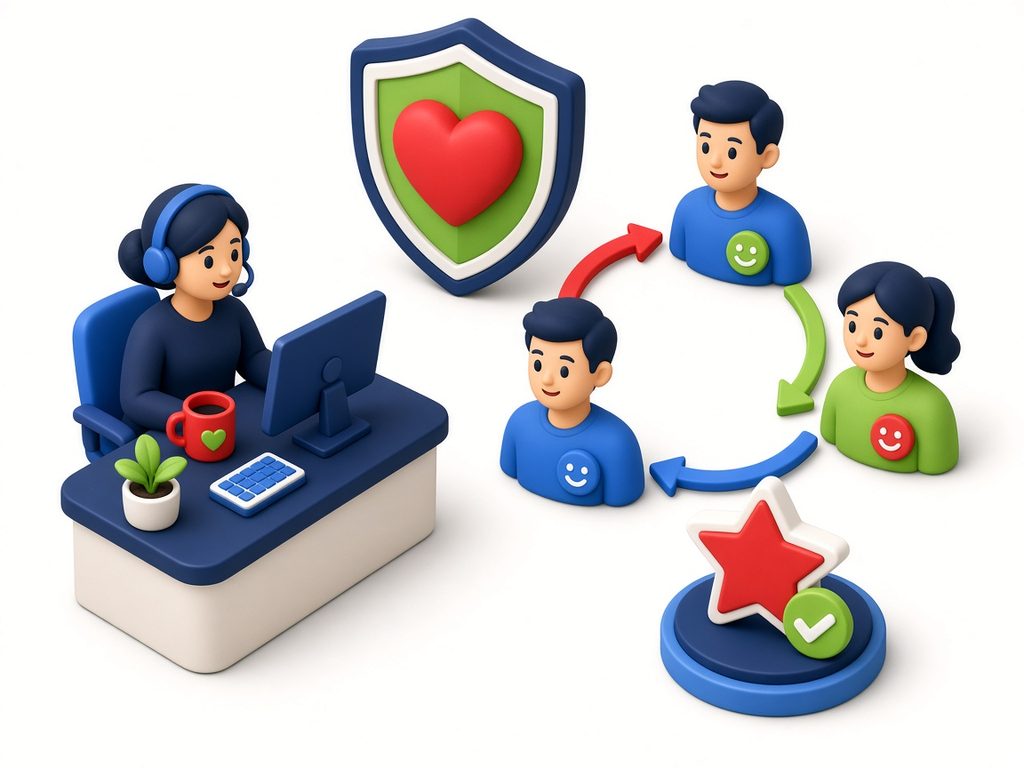 Illustration of a customer service agent and a loop of happy returning customers