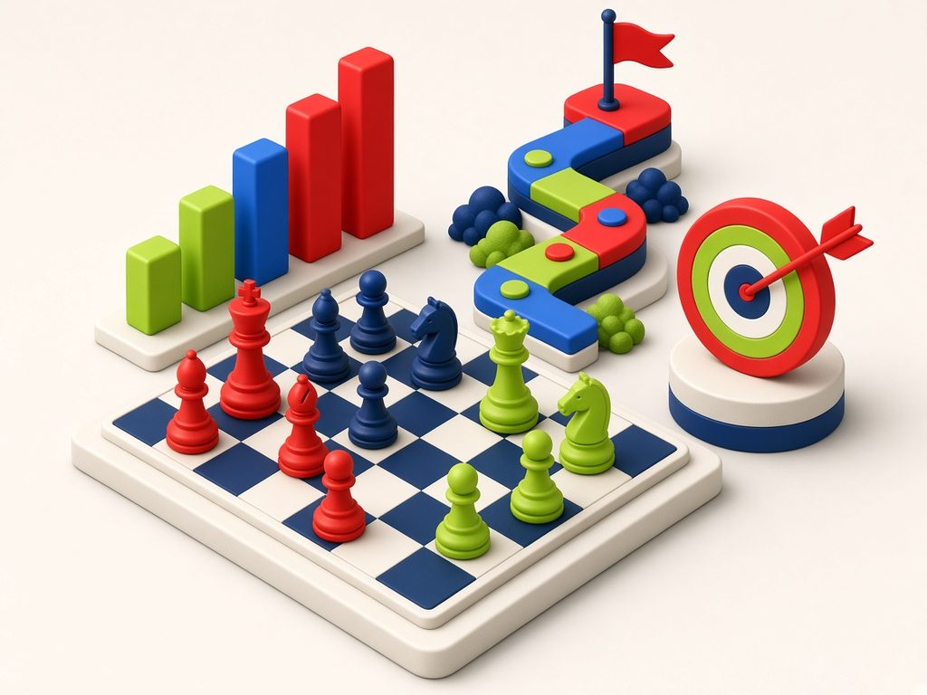 Illustration of a strategy board, rising bar chart and a target hit by an arrow